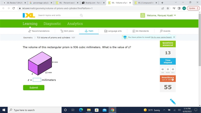 He volume of this rectangular prism is 936 cubic millimeters. What is the value of-example-1