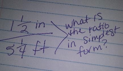 Solve in simplest form 1 1/2 inches to 5 1/4 feet-example-1