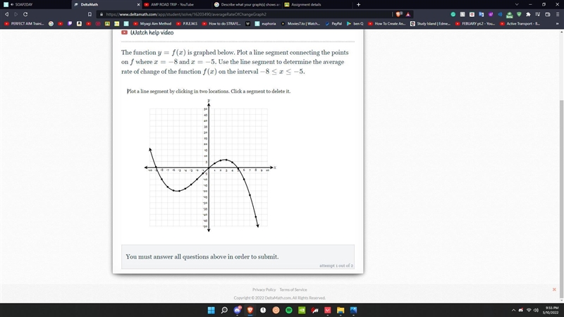 The function y=f(x) is graphed below. Plot a line segment connecting the points on-example-1