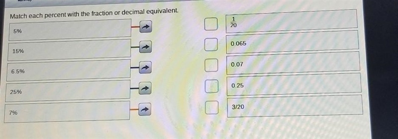 Match each percent with the fraction or decimal equivalent. 5% 0.065 15% 0.07 6.5% 0.25 25% 3/20 7%-example-1