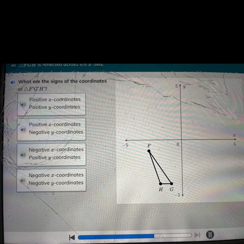 Reflect the triangle FGH across the x-axis,what are the signs of the coordinates of-example-1