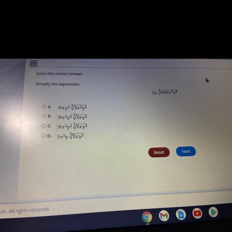 Simplify the expression.3x 648x448OA. 18942 $3x2y2O B. 189272 3ry?Oc. 18x272 2xy2OD-example-1