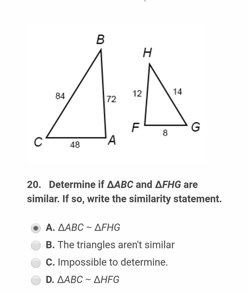 Determine if ABC and FHG are similar. if so, write the similarity statement.-example-1