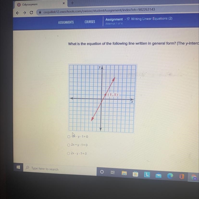 What is the equation of the following line written in general form? (The y-intercept-example-1