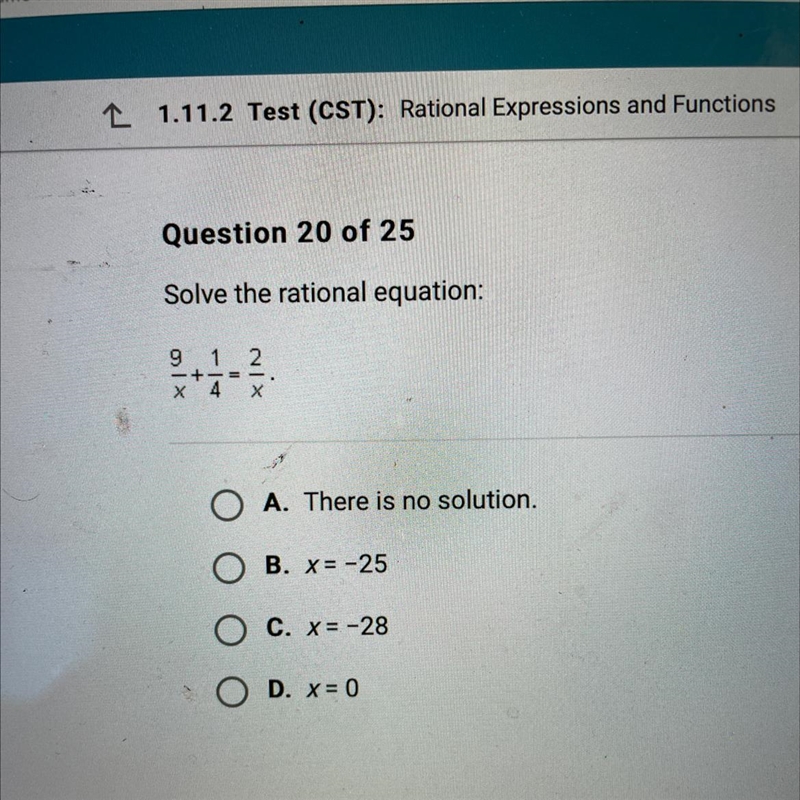 Question 20 of 25Solve the rational equation:9x1 24 xO A. There is no solution.B. X-example-1