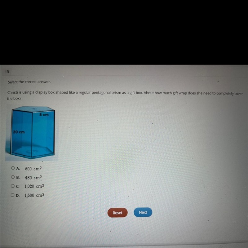 Select the correct answer.Christi is using a display box shaped like a regular pentagonal-example-1