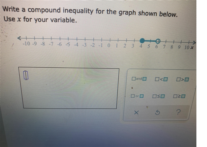 Write a compound inequality for the graph shown below.Use x for your variable.++&gt-example-1