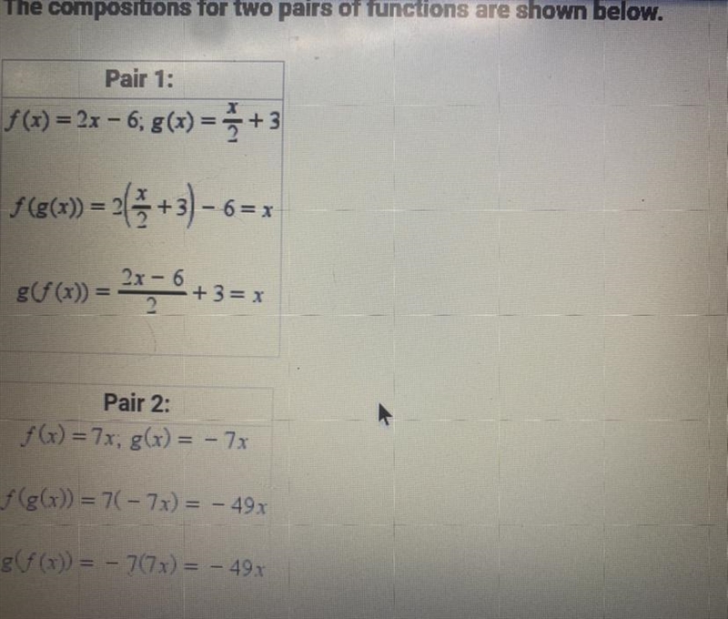 Which functions are inverses of each other?a. Both Pair 1 and Pair 2b. Pair 1 onlyc-example-1