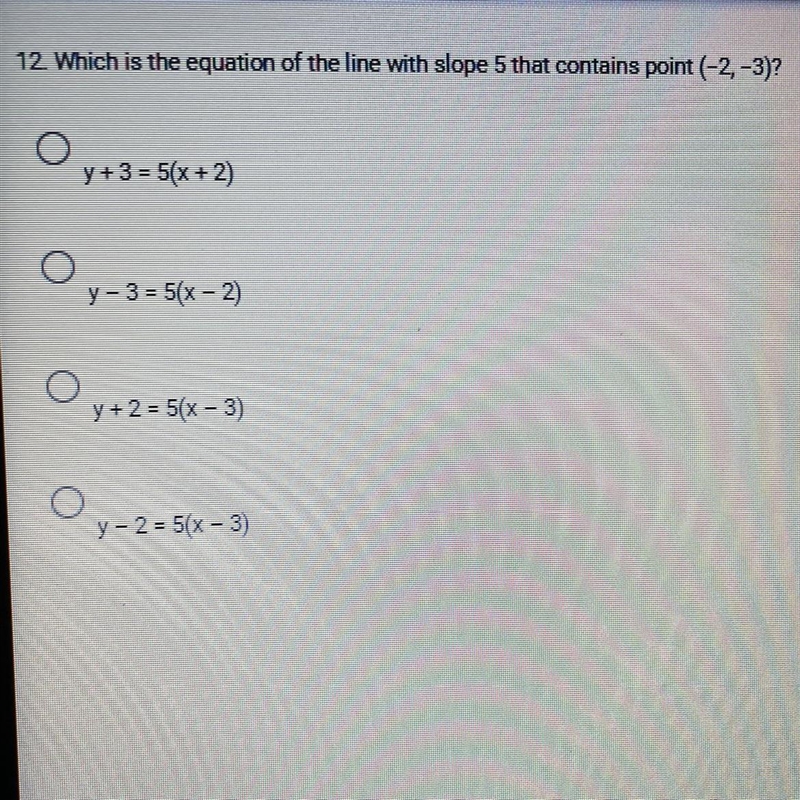 Which is the equation of the line with slope 5 that contains point-example-1