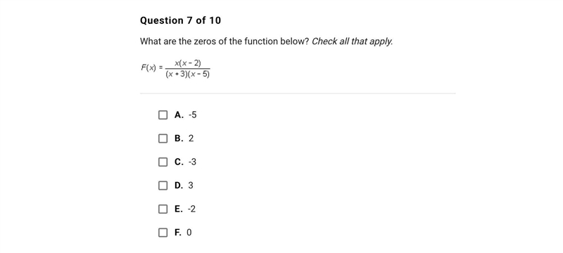 What are the zeros of the function below? Check all that apply.A.-5B.2C.-3D.3E.-2F-example-1