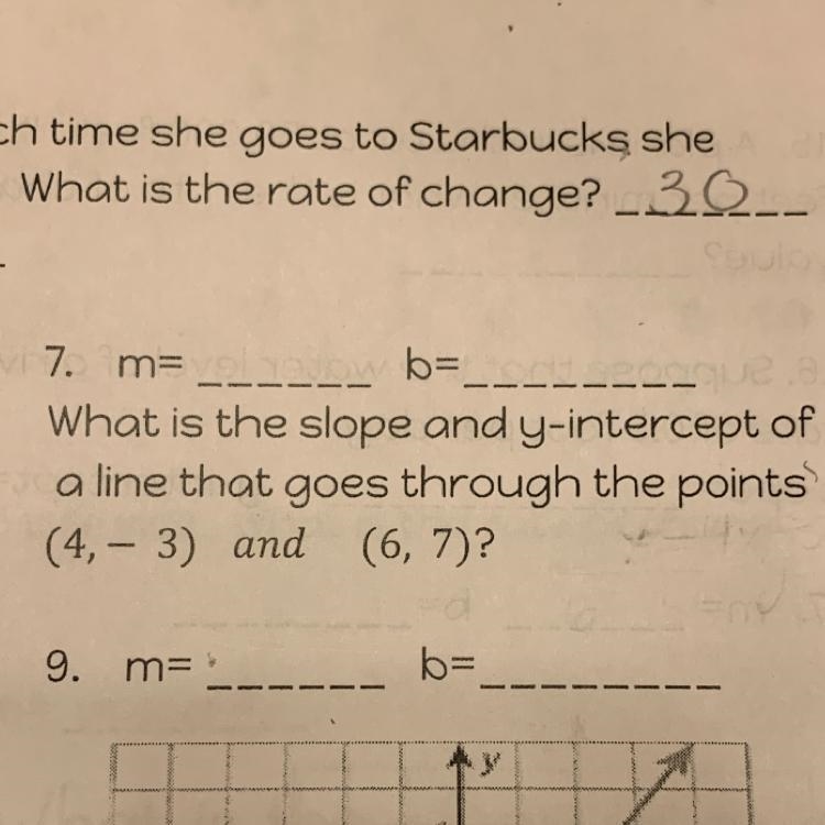 What is the slope and y-intercept of - a line that goes through the points (4, - 3) and-example-1