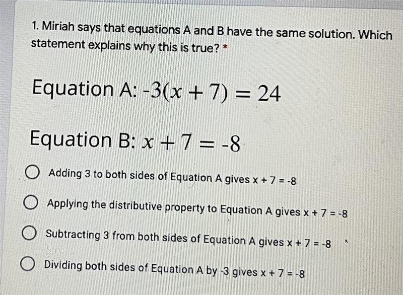 1. Miriah says that equations A and B have the same solution. Whichstatement explains-example-1