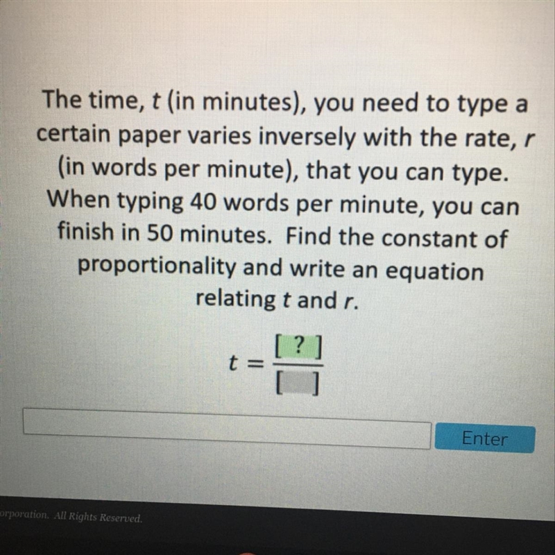 The time, t (in minutes), you need to type acertain paper varies inversely with the-example-1