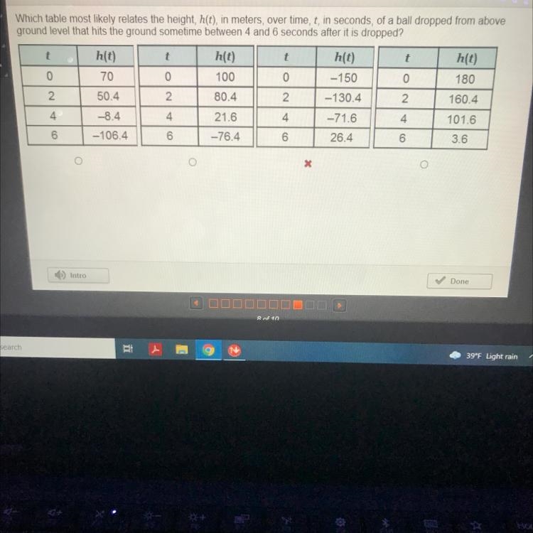 Which table most likely relates the height, h(t), in meters, over time, t, in seconds-example-1