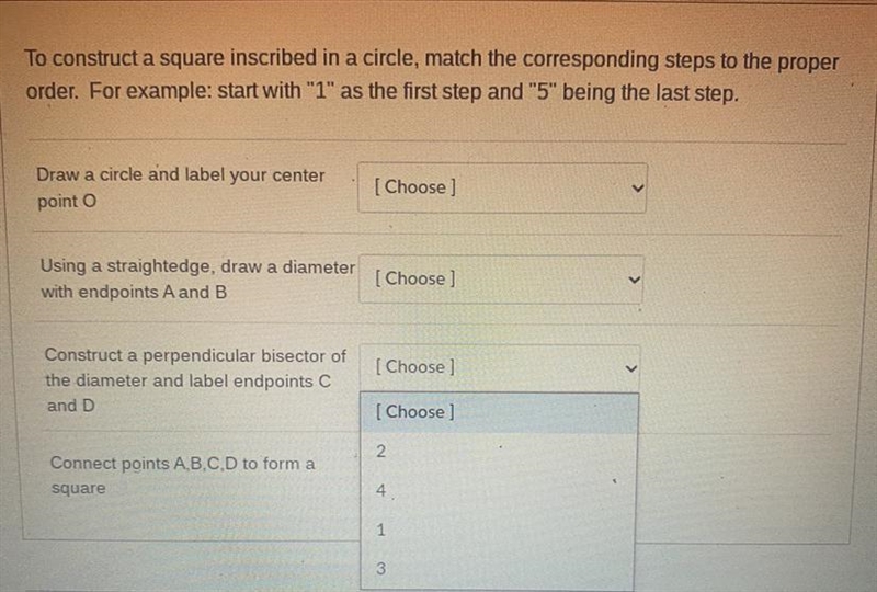 To construct a square inscribed in a circle, match the corresponding steps to the-example-1