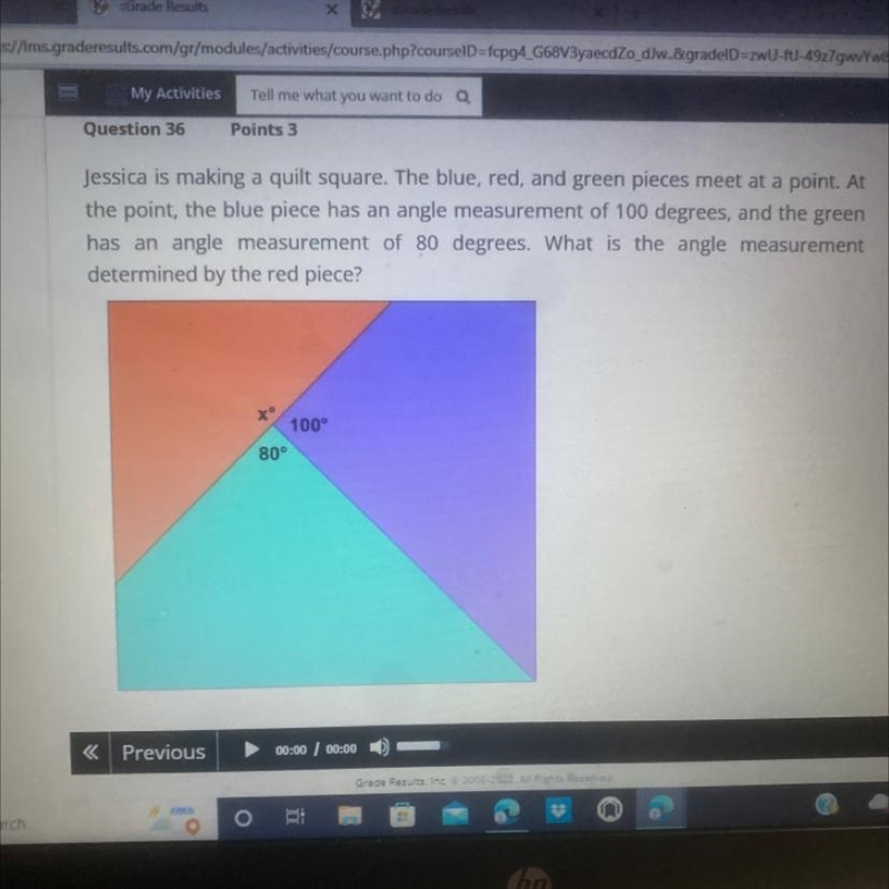 What is the angle measurement determined by the red piece-example-1