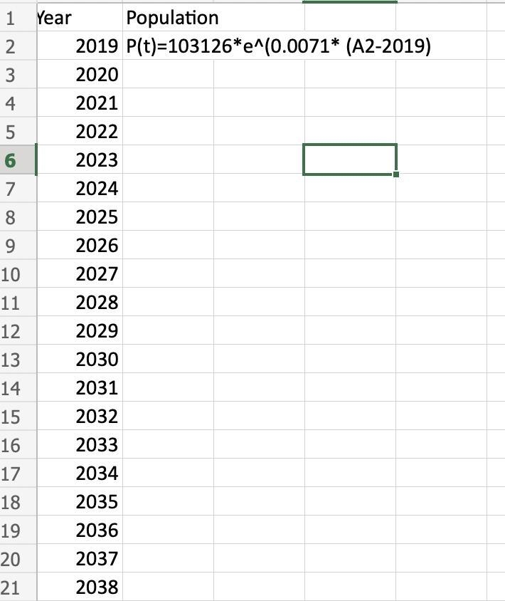 can you explain how I would write this equation in an excel format? P(t)=103126*e-example-1