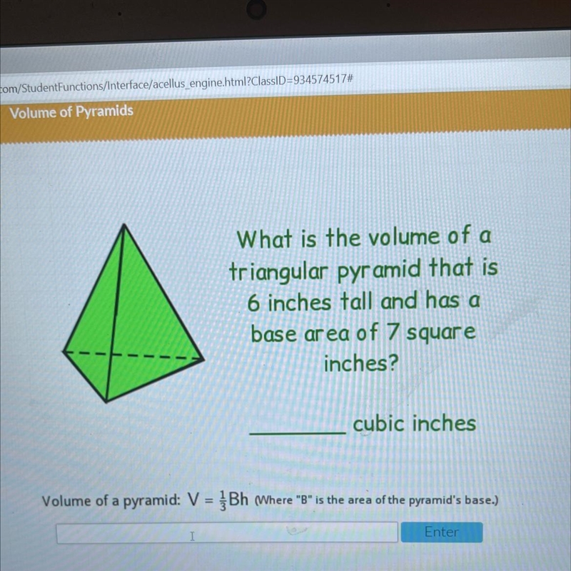 What is the volume of atriangular pyramid that is6 inches tall and has abase area-example-1