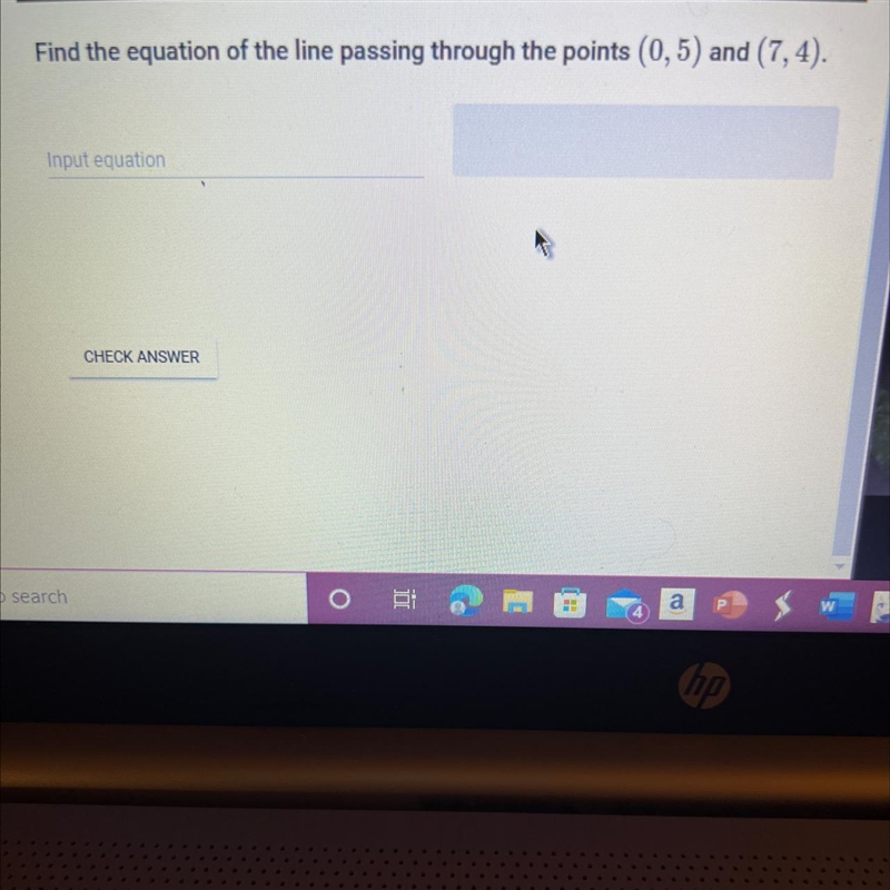 Find the equation of the line passing through the points (0,5) and (7,4).Input equation-example-1