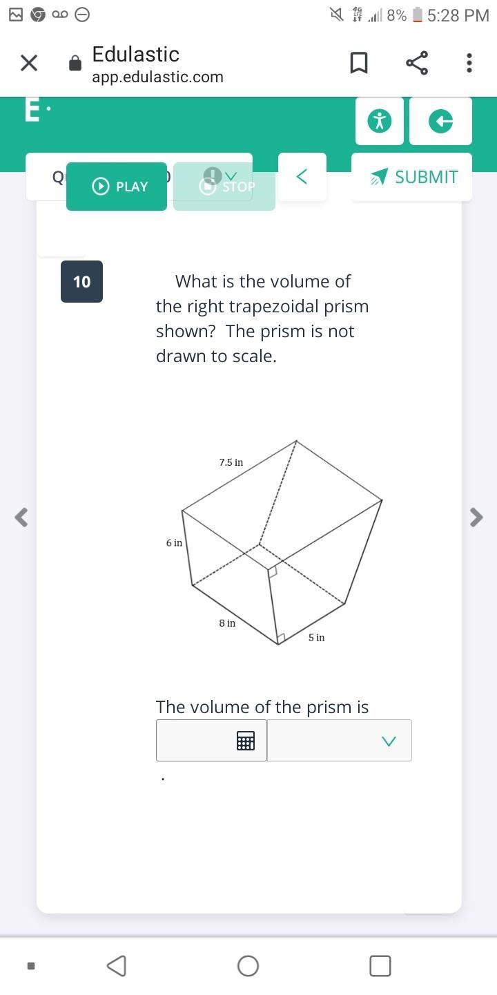 what is the volume of the right prism shown ? the prism is drawn to scale . the volume-example-1