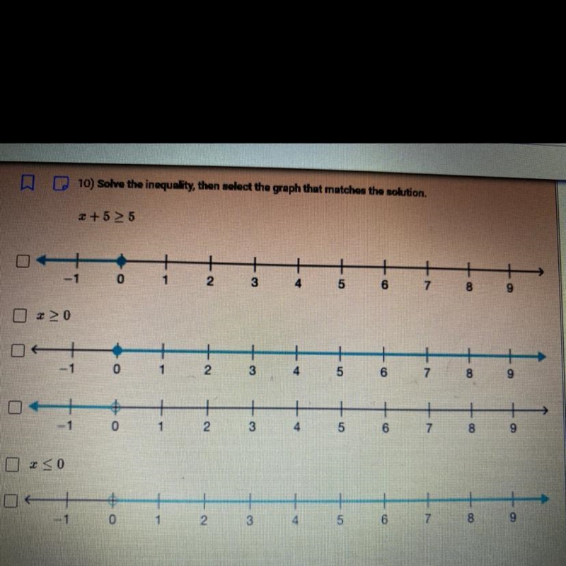 Solve the inequality, then select the graph that matches the solution. x + 5 > 5Multiple-example-1