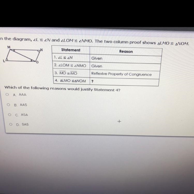 Which of the following reasons would justify Statement 4?A AAAB. AASC. ASAD SAS-example-1