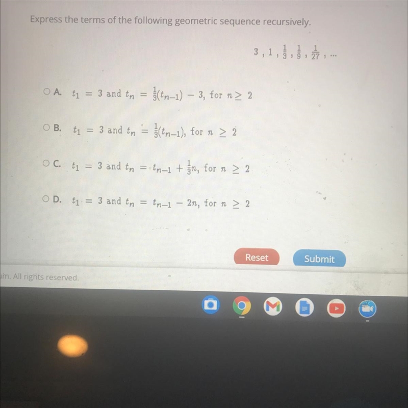 Express the terms of the following geometric sequence recursively,3,1,A ty = 3 and-example-1