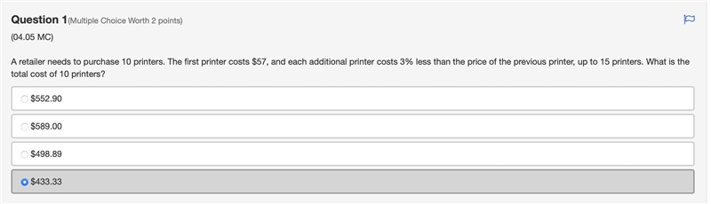 A retailer needs to purchase 10 printers. The first printer costs $57, and each additional-example-1