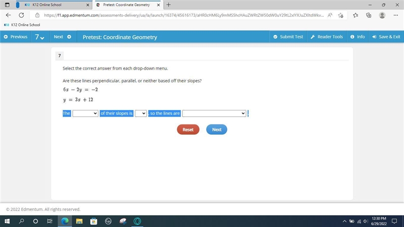 Select the correct answer from each drop-down menu. Are these lines perpendicular-example-1