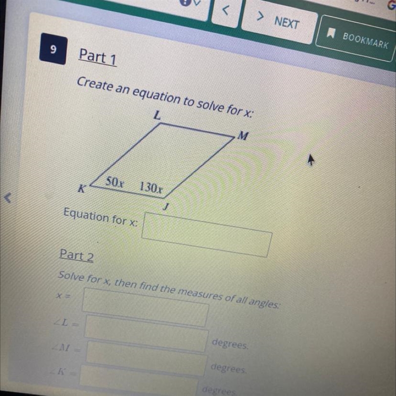 Create an equation to solve for x: L 50x 1301 K Equation for x: Part 2 Solve for x-example-1