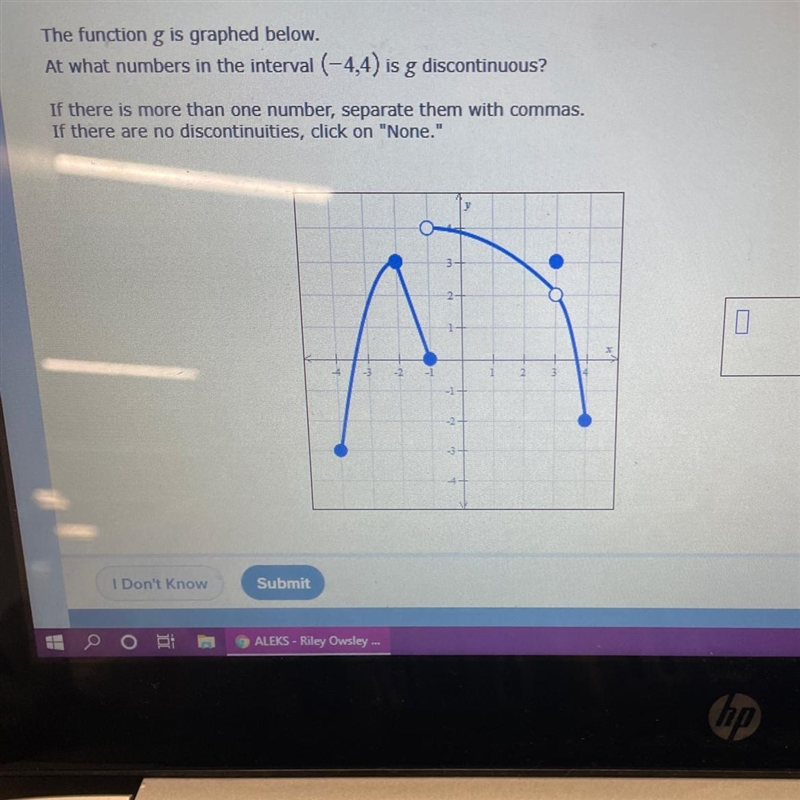 The function g is graphed below. At whatnumbers in the interval (-4,4) is gdiscontinuous-example-1