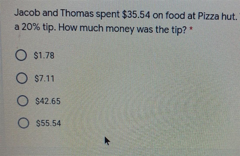 Jacob and Thomas spent $35.54 on food at pizza hut. They wanted to give a 20% tip-example-1