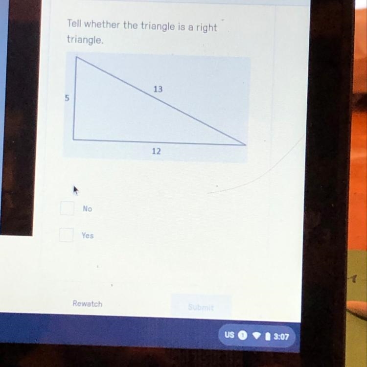 Is this triangle a right triangle? yes or no?-example-1