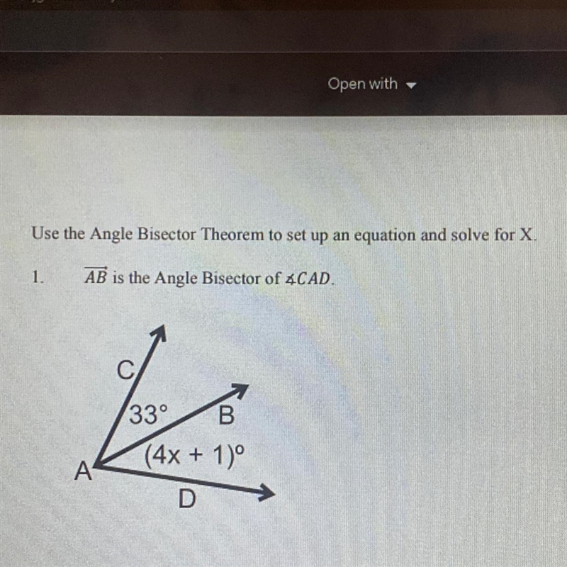 Use the Angle Bisector Theorem to set up an equation and solve for X. 1. AB is the-example-1