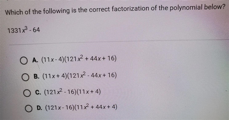 Which of the following is the correct factorization of the polynomial below?1331x-example-1