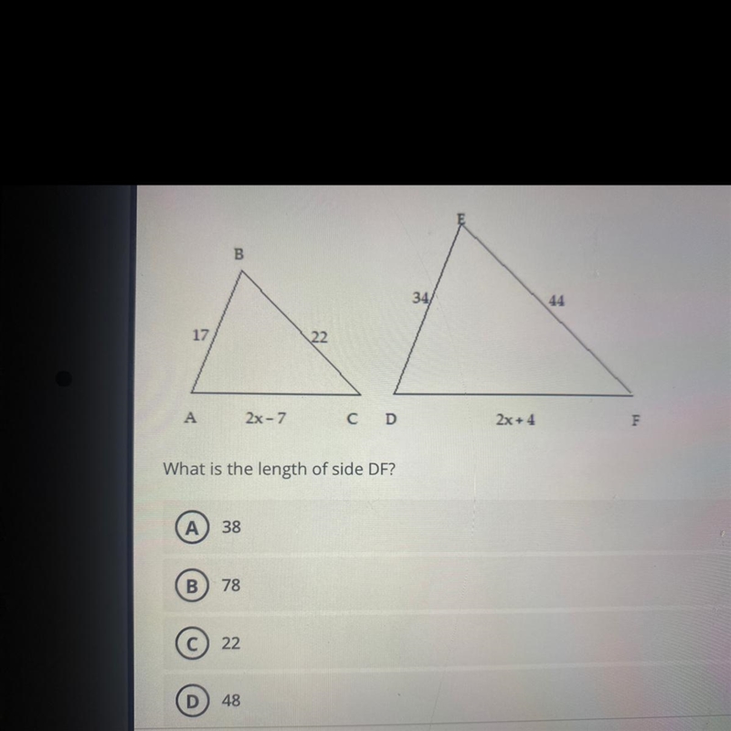 Suppose the triangles shown are similar with angle A = angle D, angle B = angle E-example-1