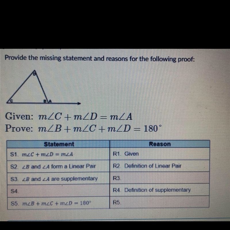 Provide the missing statement and reasons for the following proof: a Given: mZC + m-example-1