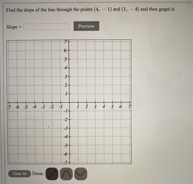 Find the slope of the line through the points (4, -1) and (1, -4) and then graph it-example-1