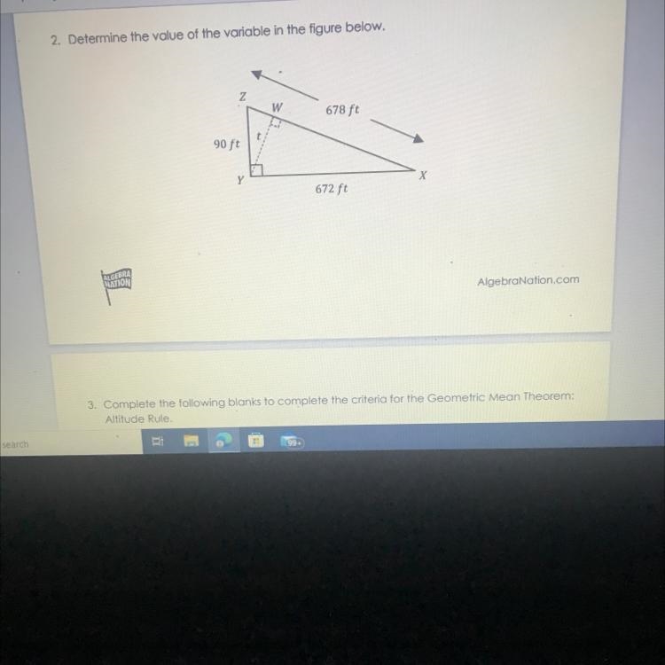 2. Determine the value of the variable in the figure below.ZW678 ft90 ftYX672 ft-example-1