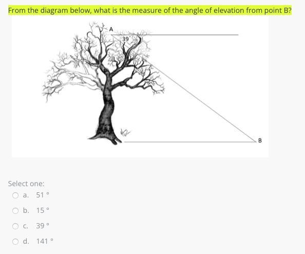 From the diagram below, what is the measure of the angle of elevation from point B-example-1