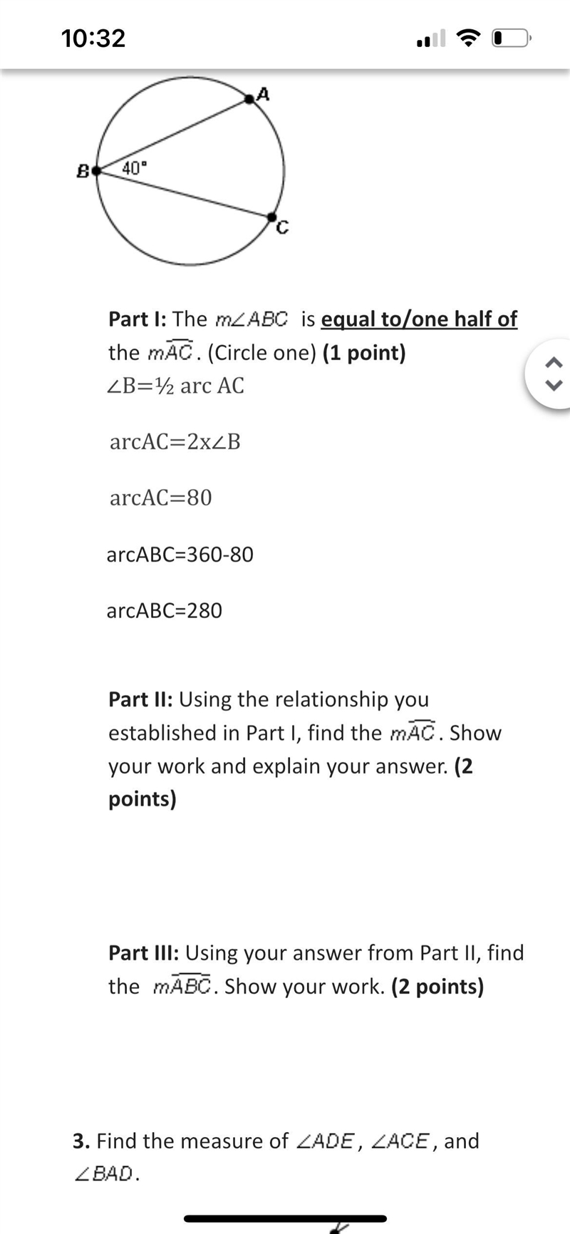 Part I: Using the relationship youestablished in Part I the arcABC = 280 find the-example-2