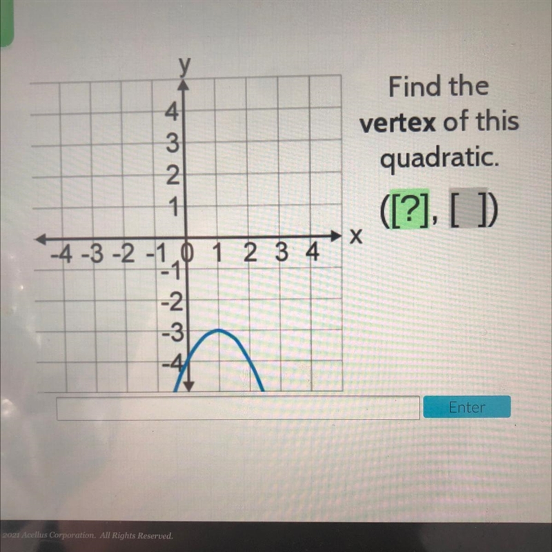 Y4321Find thevertex of thiquadratic.([?], [ ])X-4 -3 -2 -1 0 1 2 3 4-1-2-3-4-example-1