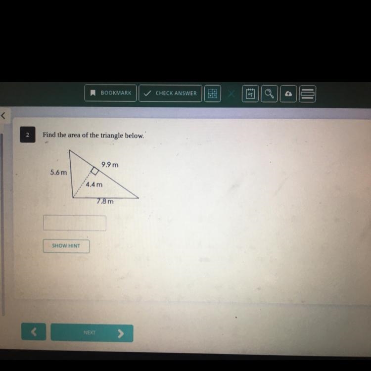 Find the area of the triangle below.9.9 m5.6 m4.4 m7.8 m-example-1