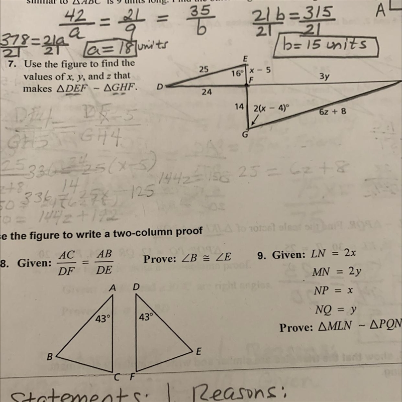 Use the figure to find the values of x, y, and Z that makes triangle DEF similar to-example-1