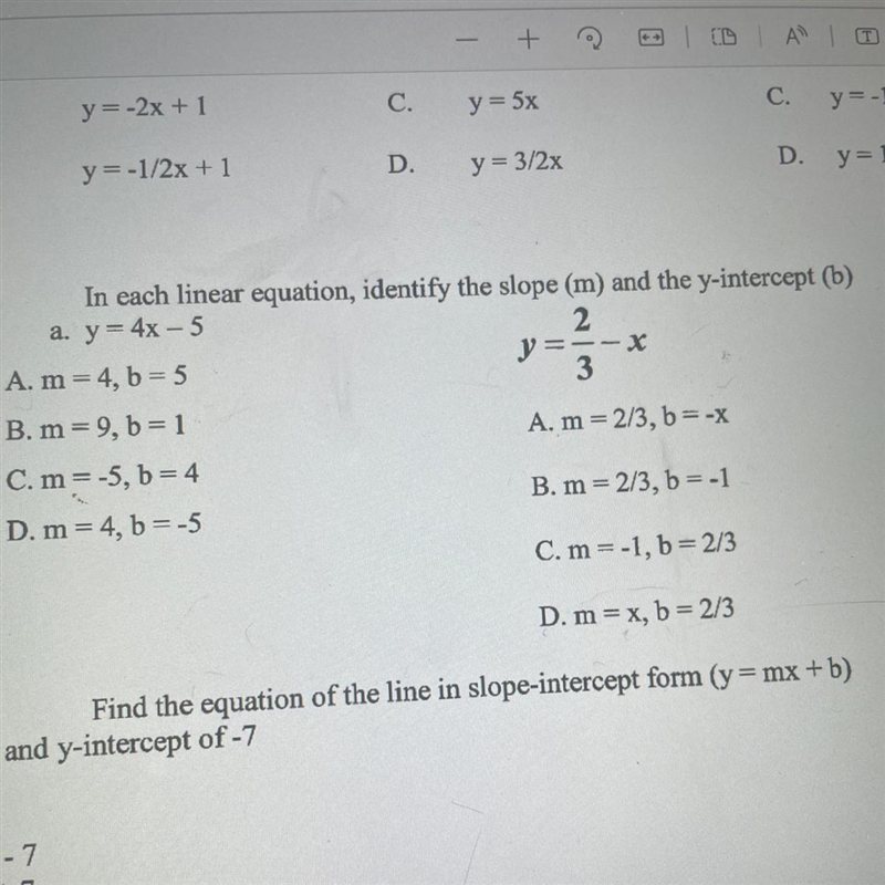 In each linear equation, identify the slope (m) and the y-intercept (b)-example-1