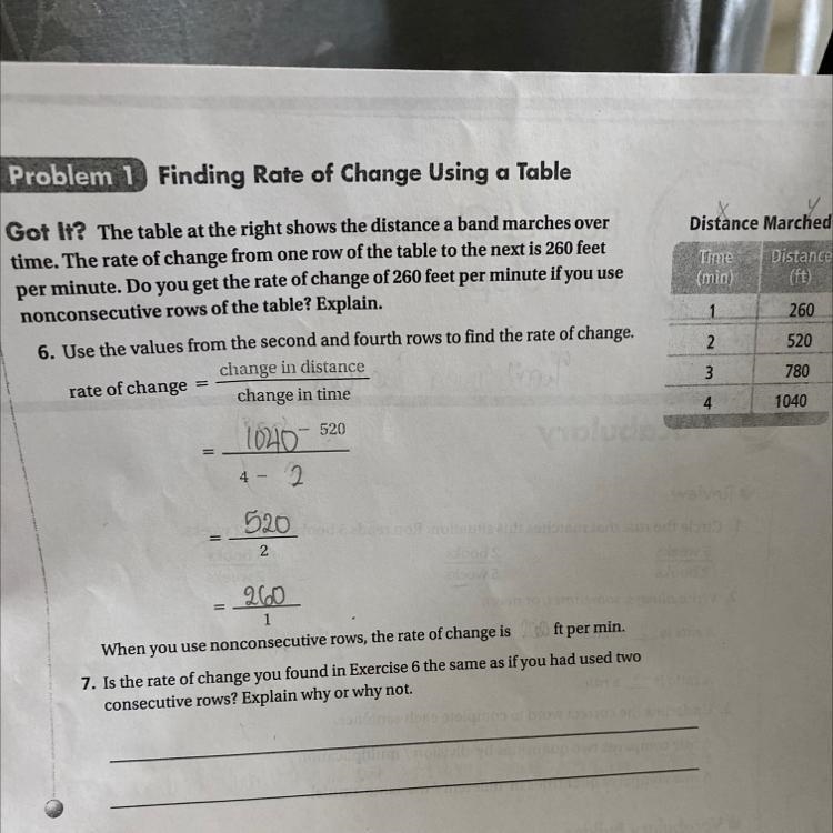 Do you get the rate of change of 260 feet per minute if you use consecutive rows of-example-1