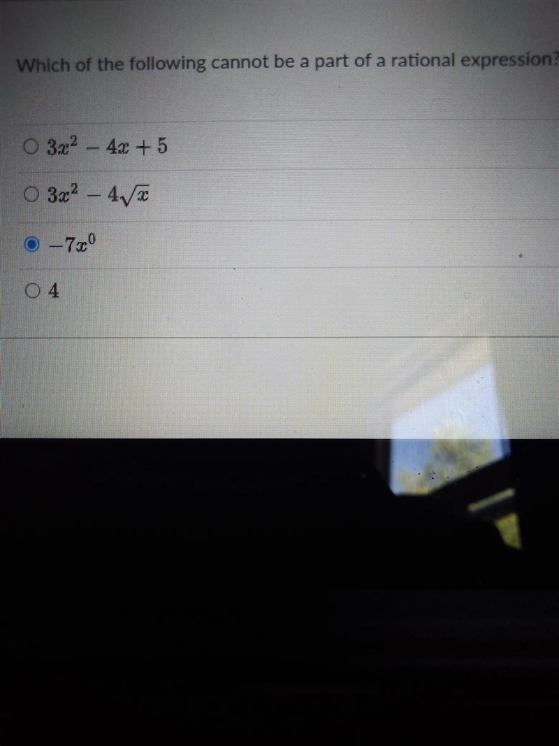 Which of the following cannot be a part of a rational expression? 3x² 4x + 5 3x² - 4√x-example-1