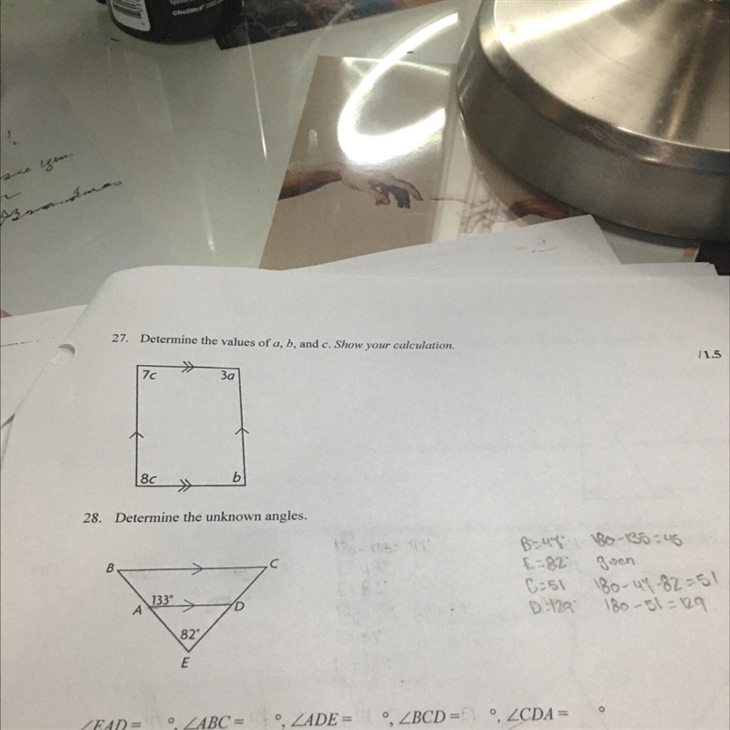 28. Determine the unknown angles. B. .C 133 А D 829 E-example-1