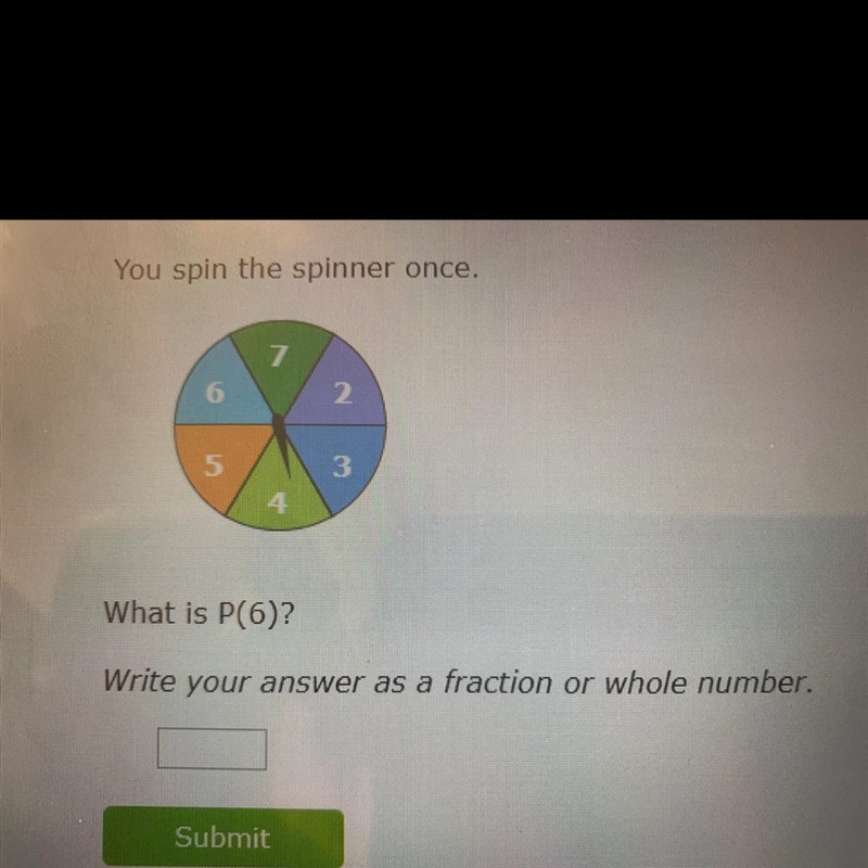 You spin the spinner once. 2,3,4,5,6,7 What is P(6)? Write your answer as a fraction-example-1