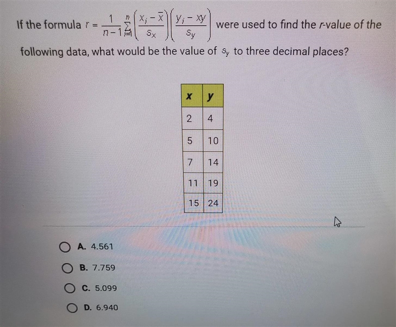 if the formula *photo* were used to find the r-value of the following data, what would-example-1